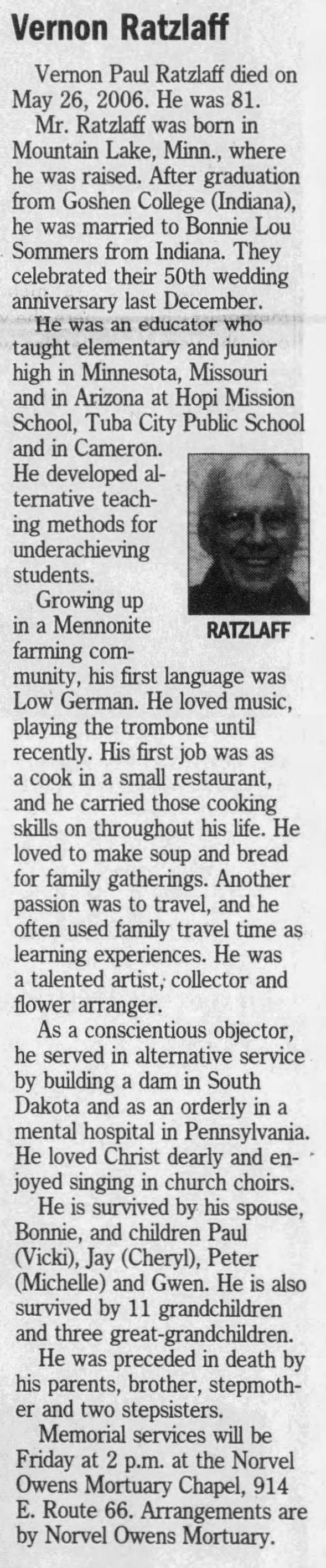 Vernon Paul Ratzlaff Obituary
